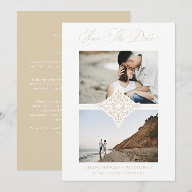 Chic Gold 2 Photos Ornament Sophisticated Wedding Save The Date (Front/Back)