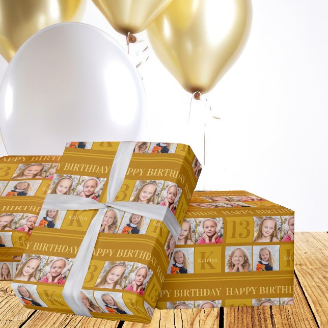 Chic Gold 4 Photo Collage Custom Birthday Party Wrapping Paper (Creator Uploaded)