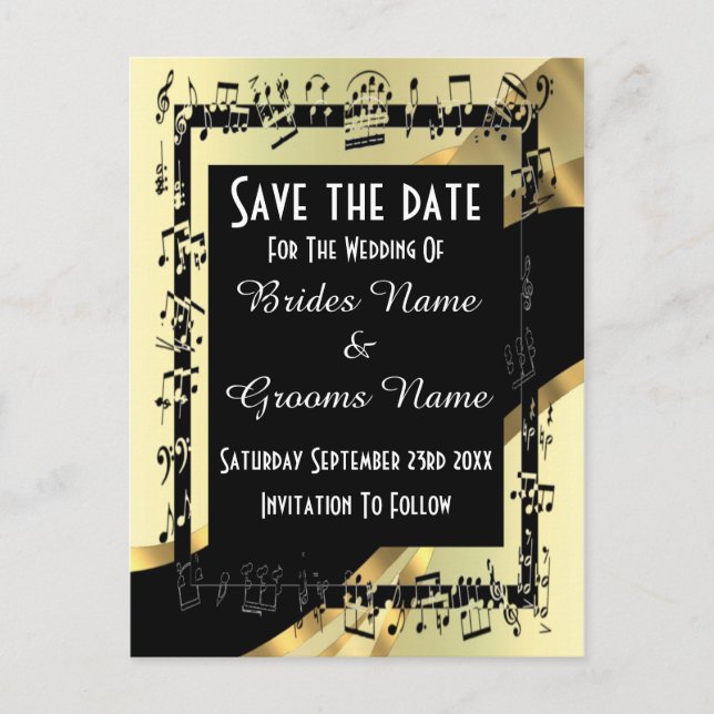 Chic gold and black save the date announcement postcard (Front)
