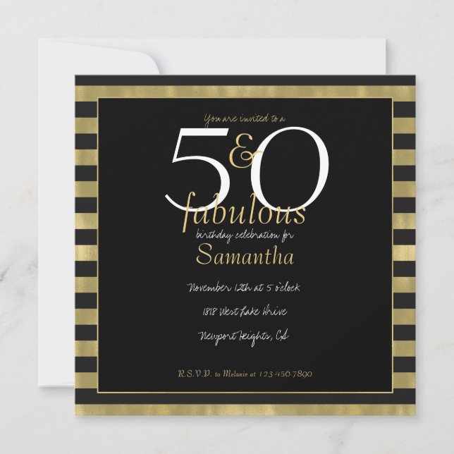 Chic Gold and Black Stripes 50 and Fabulous Invitation (Front)