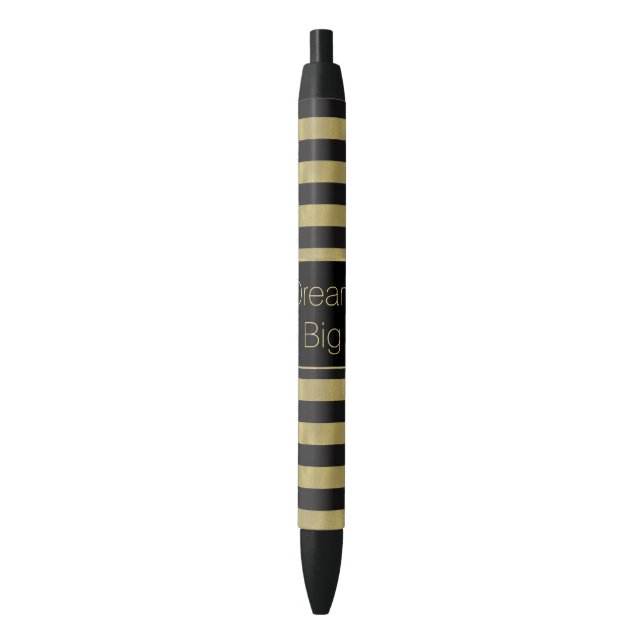 Chic Gold and Black Stripes Dream Big Personalised Black Ink Pen (Front Vertical)