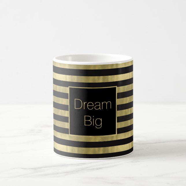 Chic Gold and Black Stripes Dream Big Personalised Coffee Mug (Center)