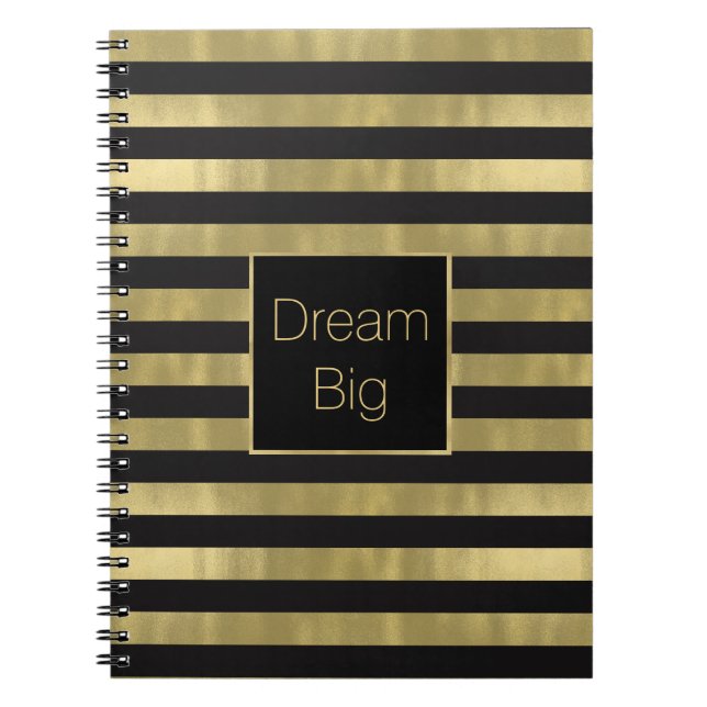 Chic Gold and Black Stripes Dream Big Personalised Notebook (Front)