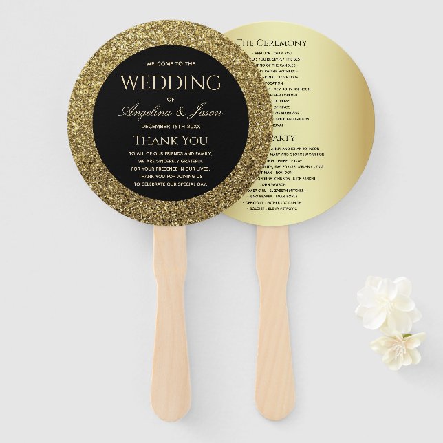 Chic Gold and Black Wedding Program Hand Fan (Front and Back)