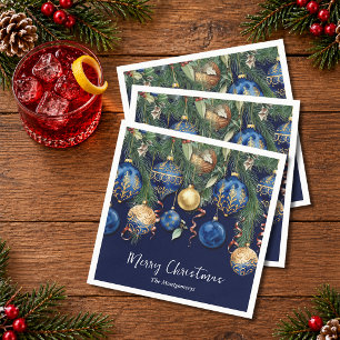 Chic Gold and Blue Christmas Tree Ornaments Napkin