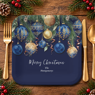 Chic Gold and Blue Christmas Tree Ornaments Paper Plate