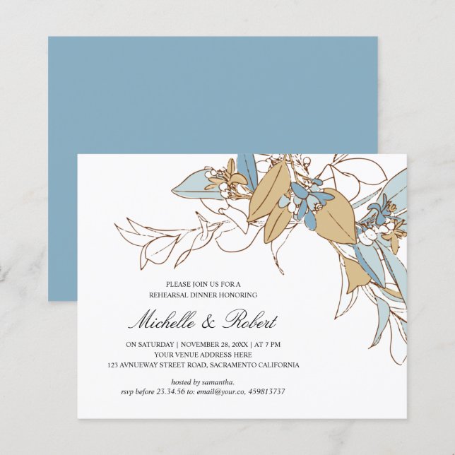 Chic Gold and blue floral Wedding rehearsal dinner (Front/Back)