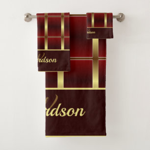 Chic Gold And Burgundy Chequered Monogrammed Bath Towel Set
