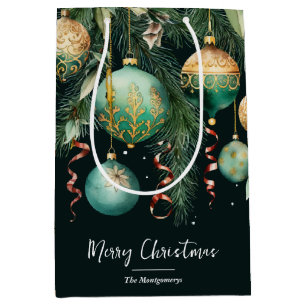 Chic Gold and Green Christmas Tree Ornaments Medium Gift Bag