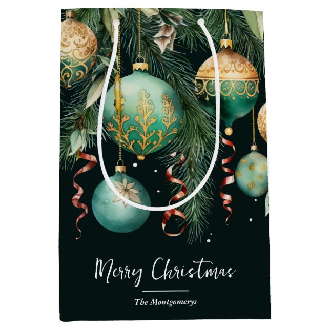 Chic Gold and Green Christmas Tree Ornaments Medium Gift Bag (Front)