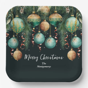 Chic Gold and Green Christmas Tree Ornaments Paper Plate