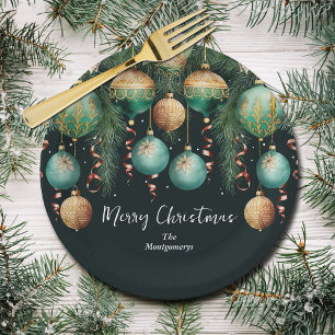 Chic Gold and Green Christmas Tree Ornaments Paper Plate