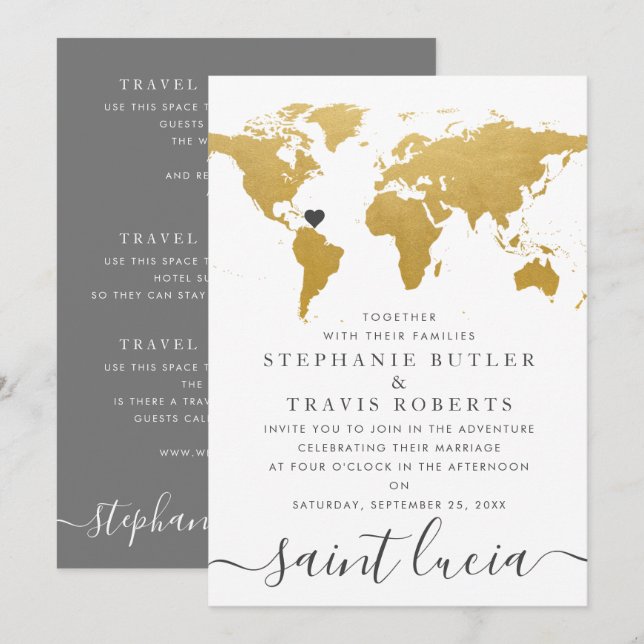 Chic Gold and Grey World Map Wedding Abroad Invitation (Front/Back)