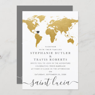 Chic Gold and Grey World Map Wedding Abroad Invitation