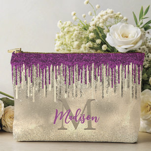 Chic gold and hot pink drips monogram accessory pouch