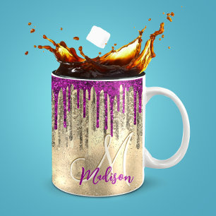 Chic gold and hot pink drips monogram coffee mug