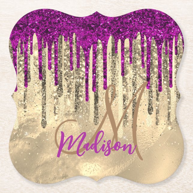 Chic gold and hot pink drips monogram paper coaster (Front)