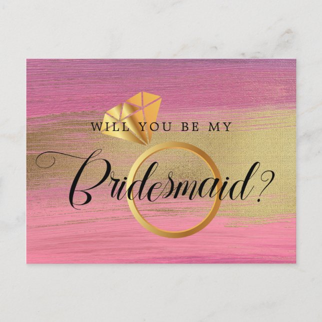 Chic Gold And Pink Stroke Bridesmaid Proposal Postcard (Front)