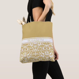 Chic Gold and White Damask Personalised Tote Bag
