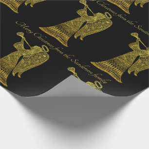 Chic Gold Angel  on Black Personalised Christmas Wrapping Paper
