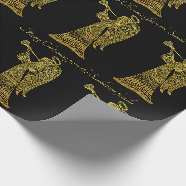 Chic Gold Angel  on Black Personalised Christmas Wrapping Paper (Corner)