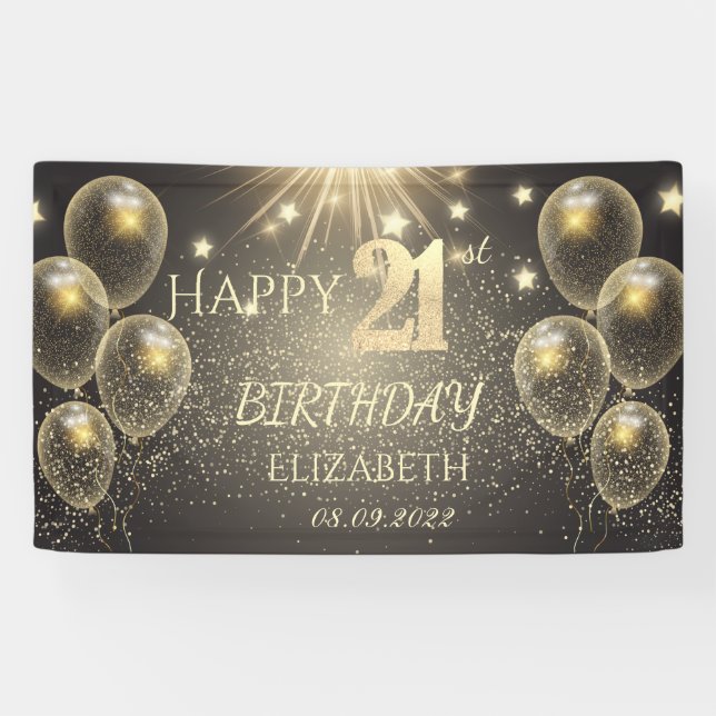 Chic Gold Balloons Stars 21st Birthday Banner (Horizontal)