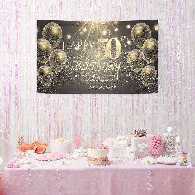 Chic Gold Balloons Stars 50th Birthday  Banner (Party)