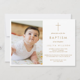 Chic Gold Baptism baby photo Invitation