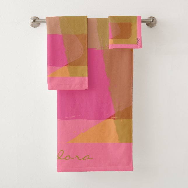 Chic Gold Beige Pink  Orange Abstract Pattern Bath Towel Set (Insitu)