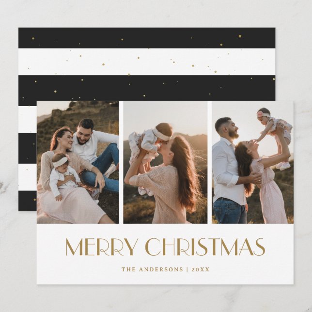 Chic Gold Black and White 3 Photo Merry Christmas Holiday Card (Front/Back)