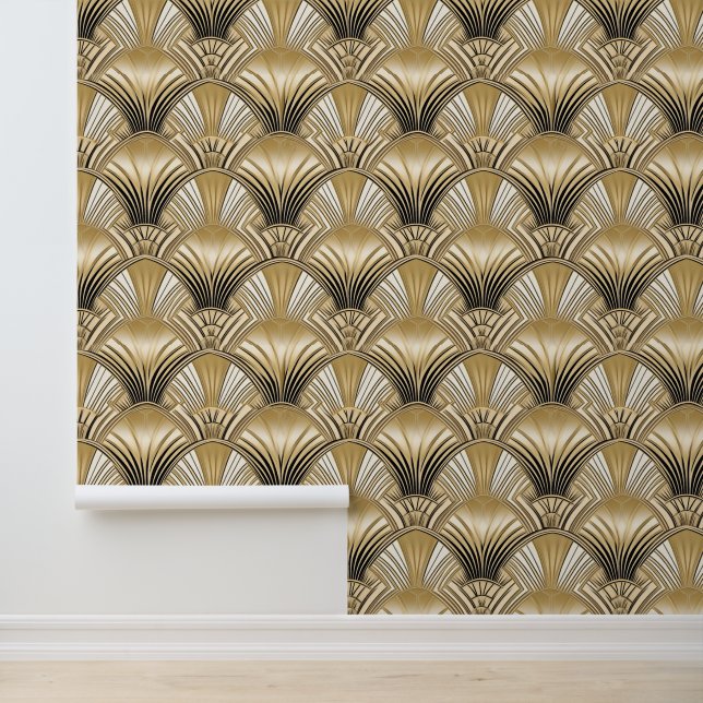 Chic Gold Black Art Deco Arches Wallpaper (Application)