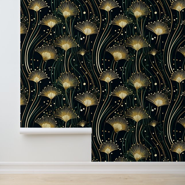 Chic Gold Black Art Deco Fans Wallpaper (Application)