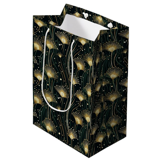 Chic gold black art deco floral medium gift bag (Front Angled)