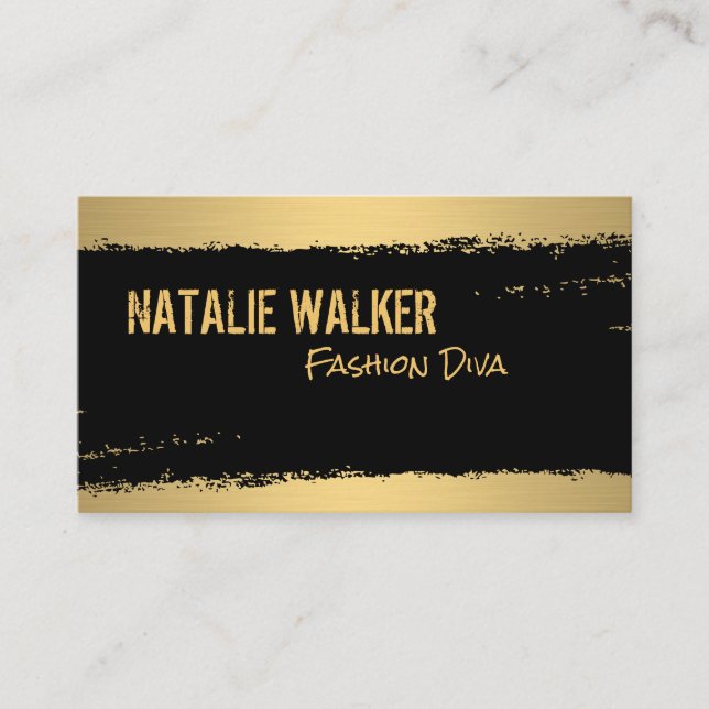 Chic Gold Black Brushed Texture Stroke Business Card (Front)