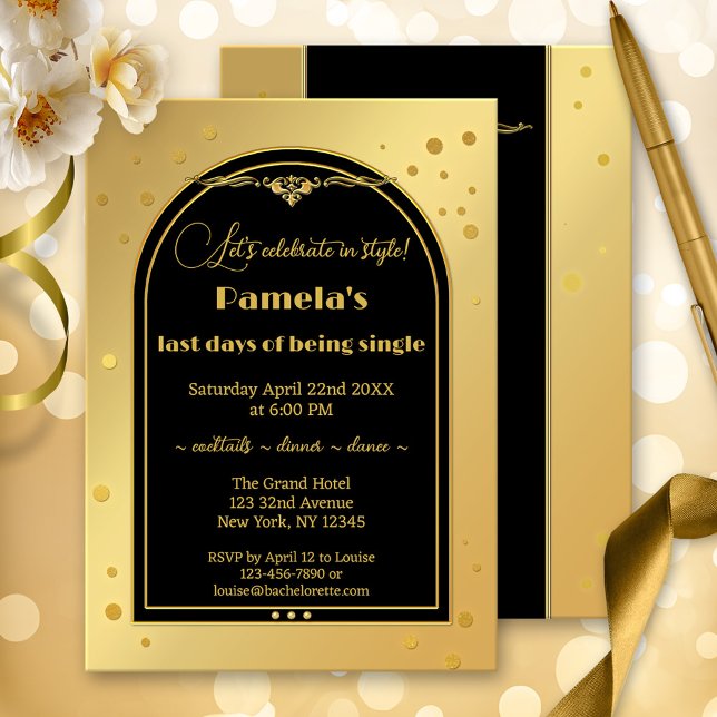 Chic Gold Black Confetti Bachelorette Party Invitation (A classic gold and black bachelorette party invitation with sparkling gold confetti.)