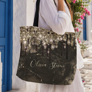 Chic gold black drippings glitter monogram tote bag