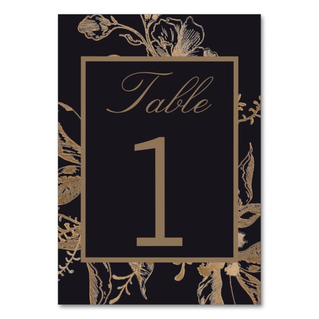 Chic Gold & Black Faux Metal Floral Wedding Table Number (Front)