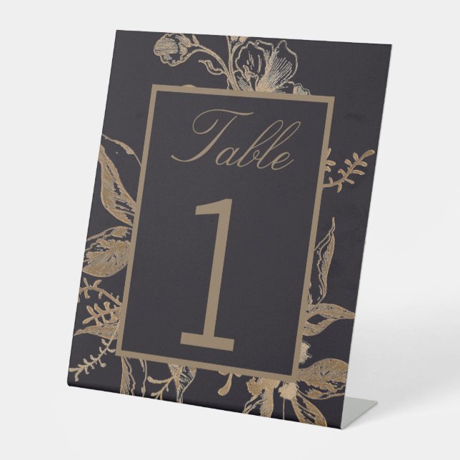 Chic Gold & Black Faux Metal Floral Wedding Table Pedestal Sign (Front)