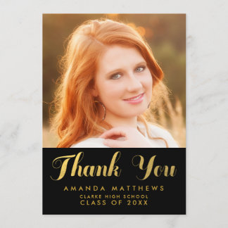 Chic Gold Black Graduation Photo Thank You Card