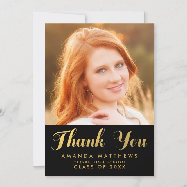 Chic Gold Black Graduation Photo Thank You Card (Front)