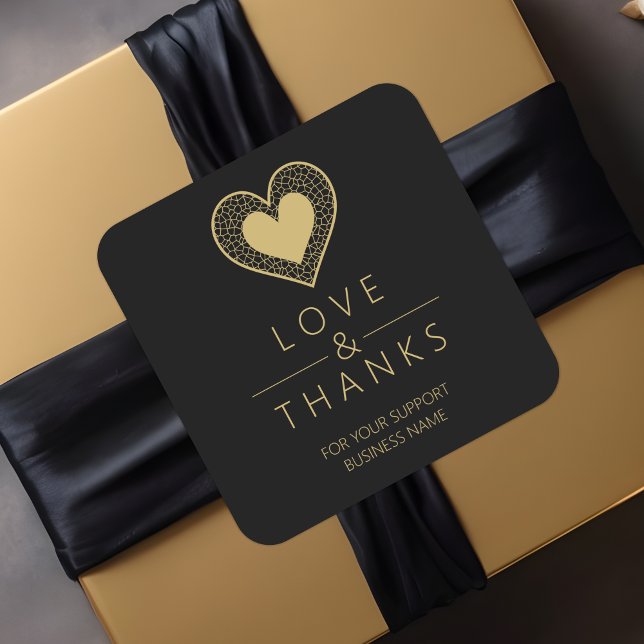 Chic Gold Black Heart Lace Effect Love & Thanks Square Sticker (Chic Fake Golden Black Heart Lace Effect Love & Thanks Supporting Small Business Square Sticker.)