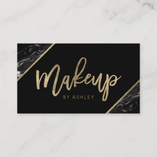 Chic Gold black marble script makeup typography Business Card