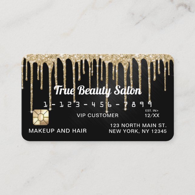 Chic Gold Black Metallic Glitter Drips Credit Business Card (Front)