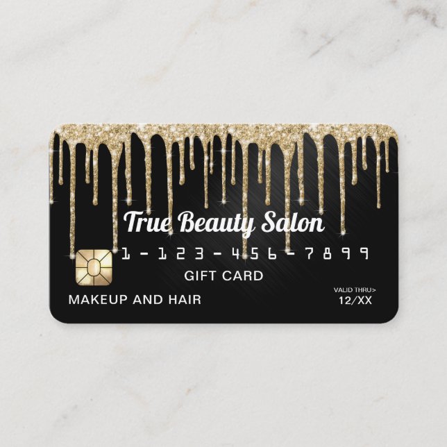 Chic Gold Black Metallic Glitter Drips Gift Credit Business Card (Front)