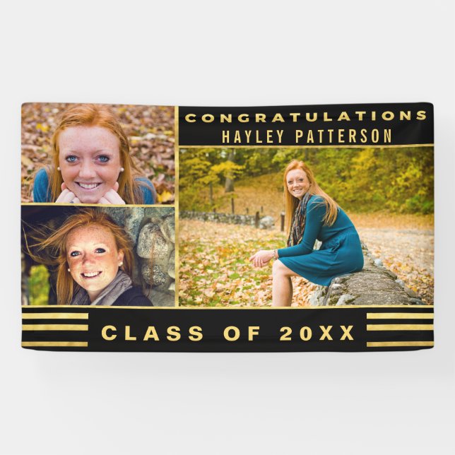 Chic Gold Black Stripes Graduation Photo Banner (Horizontal)