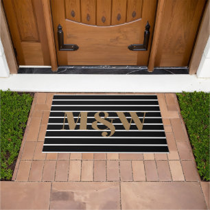 Chic gold black white stripes custom monogram doormat