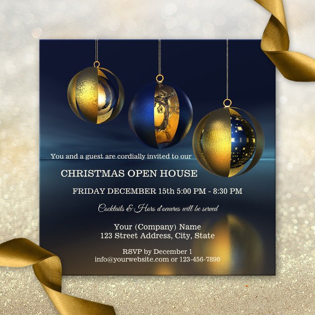Chic Gold Blue Artistic Christmas Party Invitation (An elegant modern Christmas Holiday invitation featuring gold metallic with blue Christmas baubles)