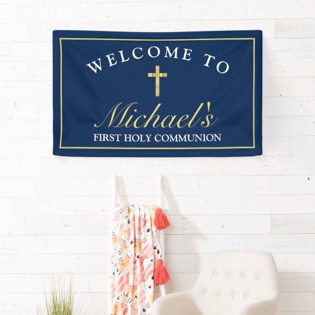 Chic Gold Blue Cross Boys First Communion Welcome Banner (Insitu)