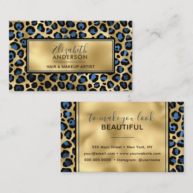 Chic Gold Blue Leopard Print Fashion Trendy Modern Business Card (Front/Back)