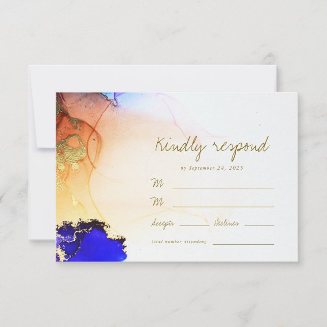 Chic Gold Blue Orange Abstract Wedding RSVP Card (Front)